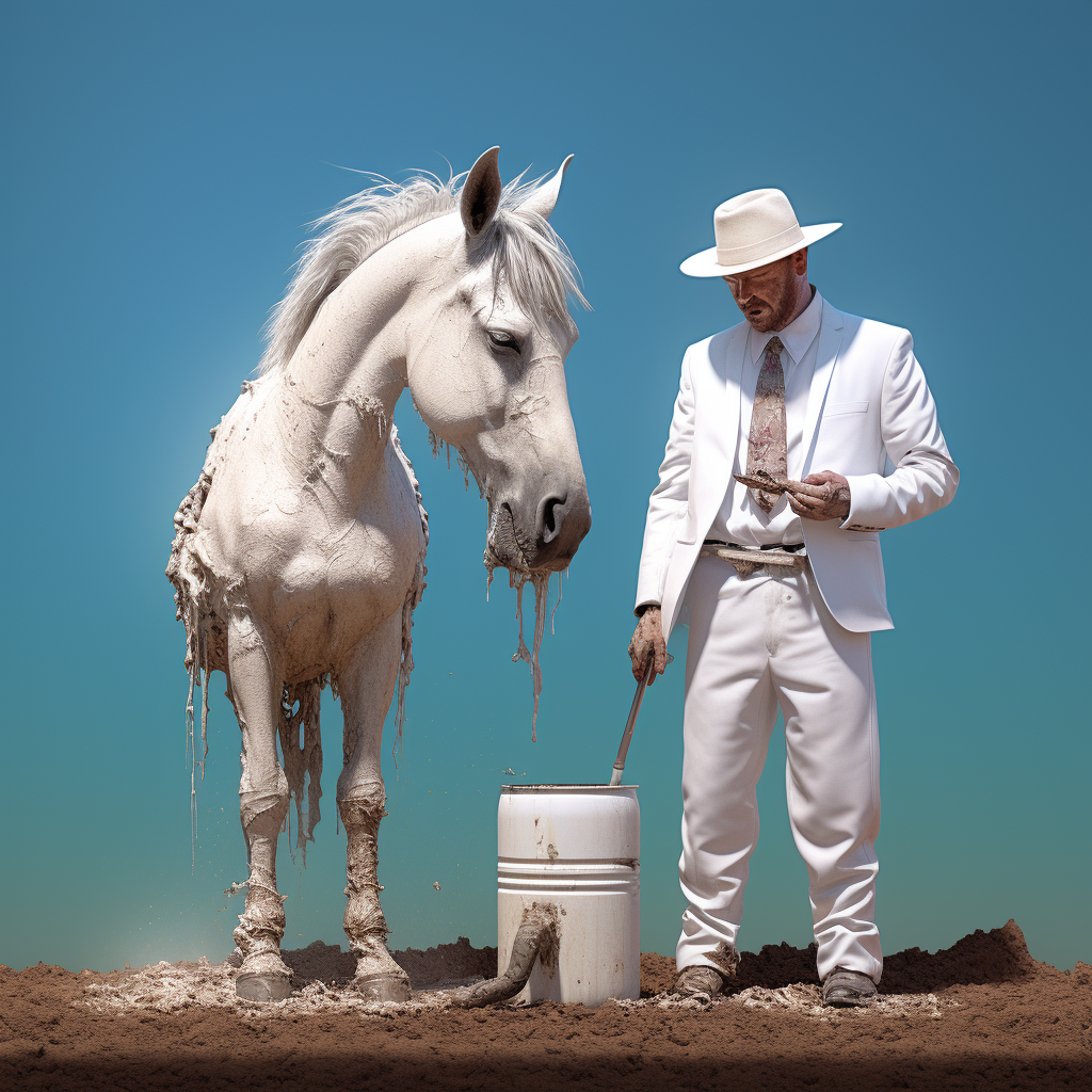 Cowboy in White Suit with Mud-Covered Donkey