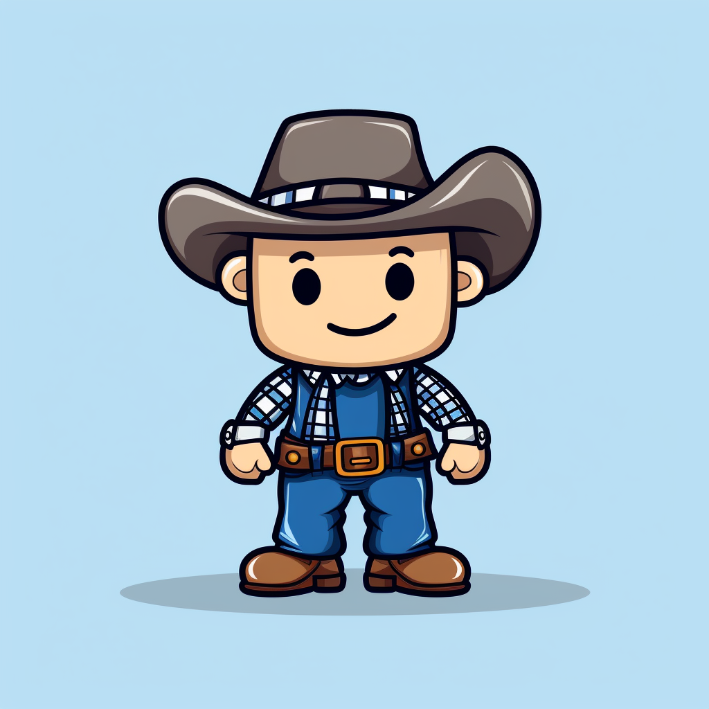 Cartoon cowboy in denim pants, flannel shirt, and hat