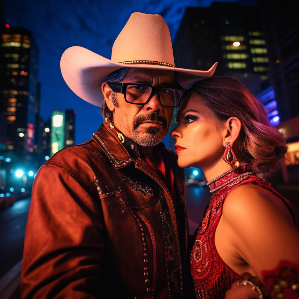 Cowboy with glasses holding woman with devil horns at night