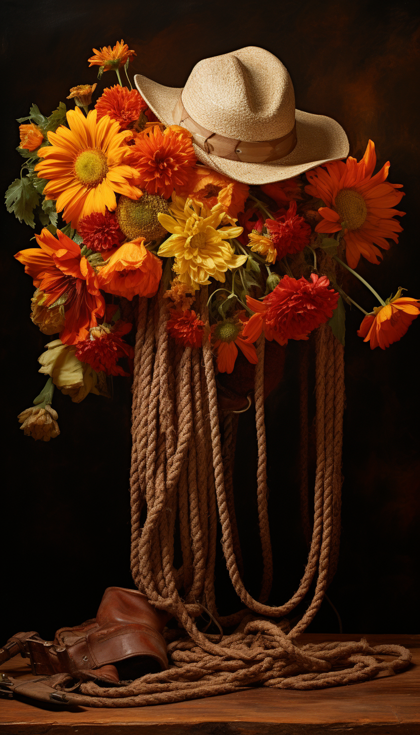 Cowboy hat, rope, wilted flowers, and gun