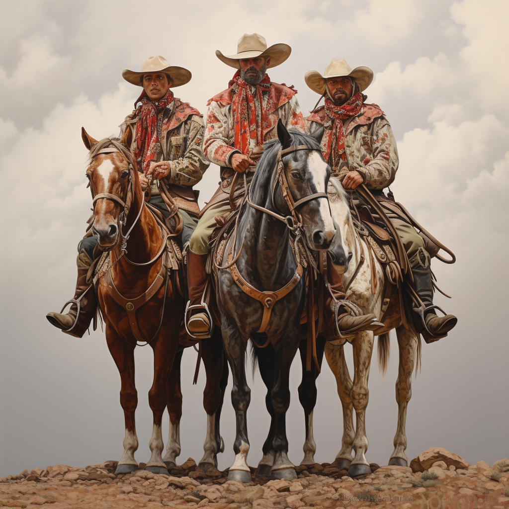 Three cowboys riding a horse