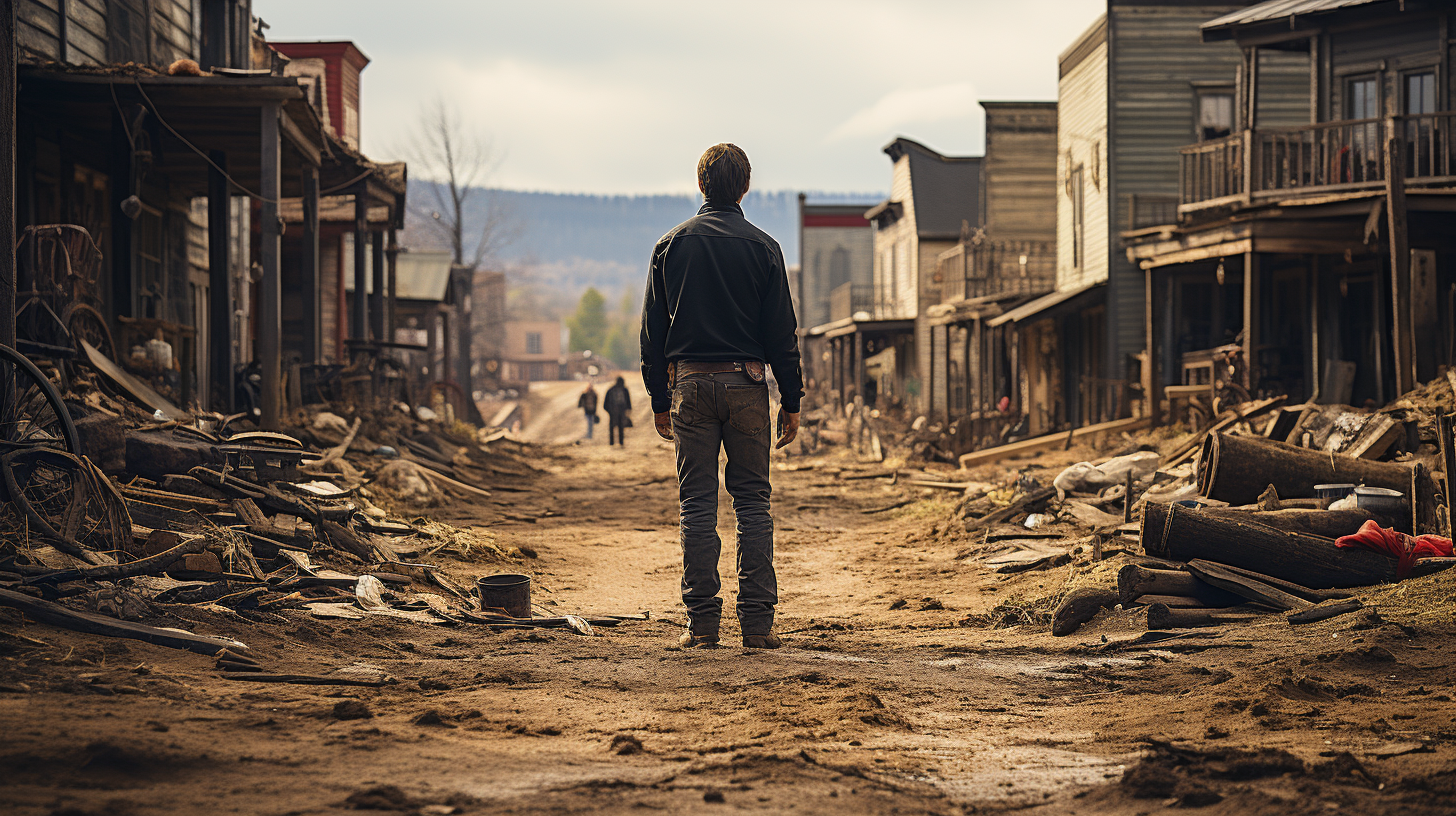 Ground-level view of cowboy in boots and jeans with holstered gun