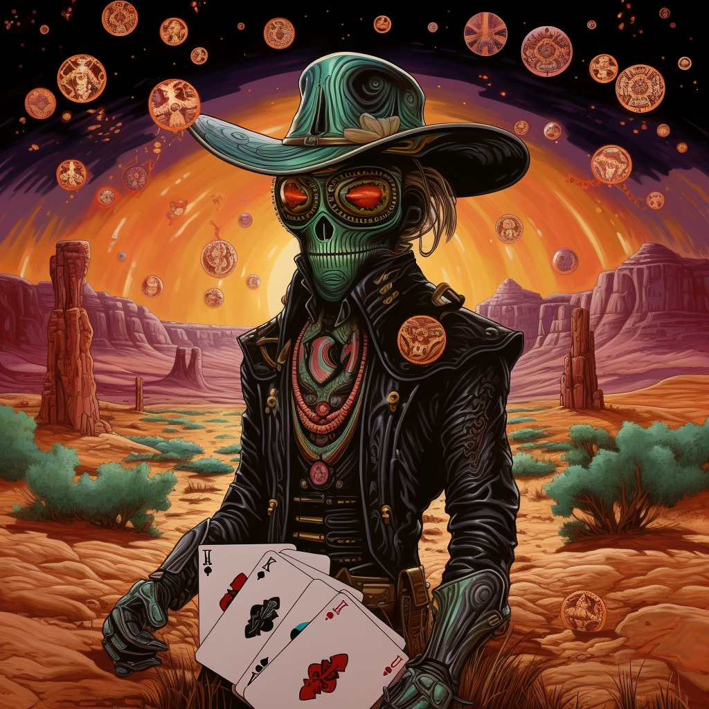 Cowboys playing poker with aliens