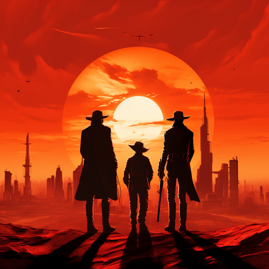 Two adults and one child in cowboy clothes against a giant red sun with a destroyed modern city in the background