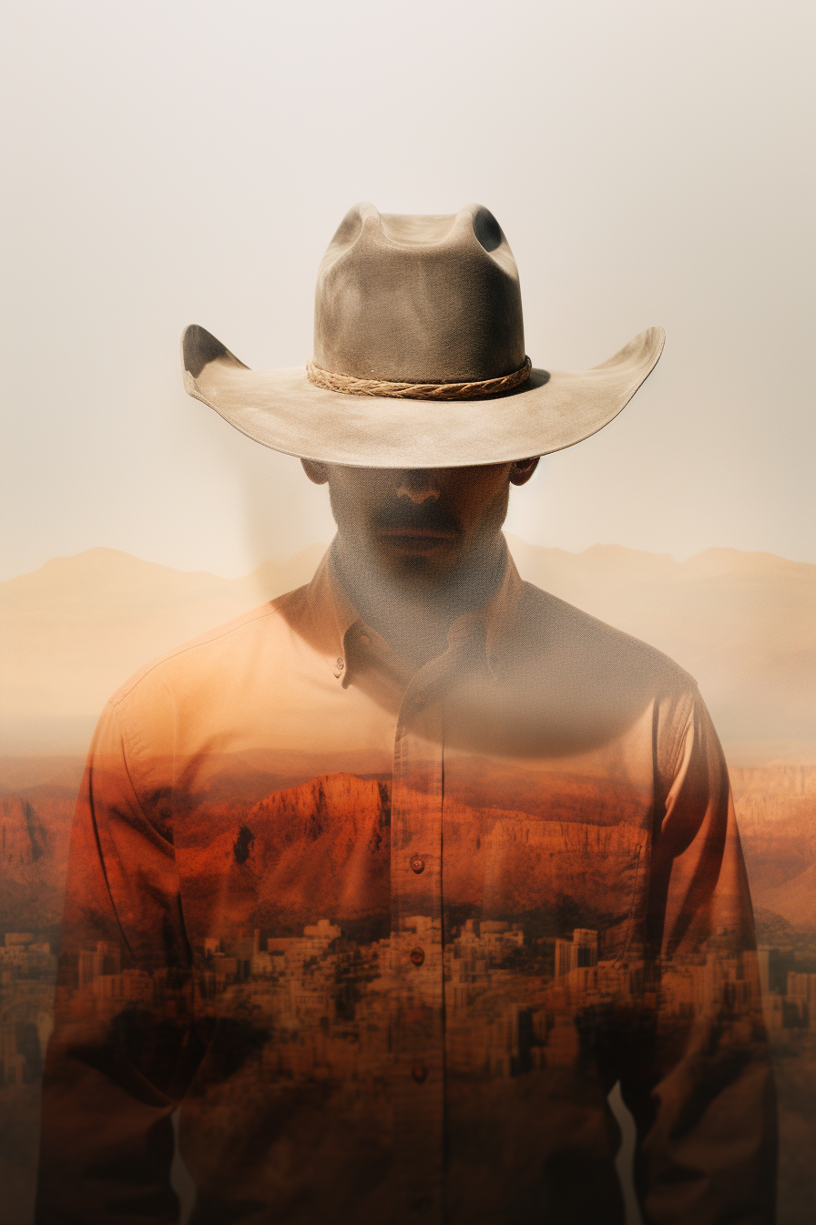 Stunning double exposure of cowboy in valley