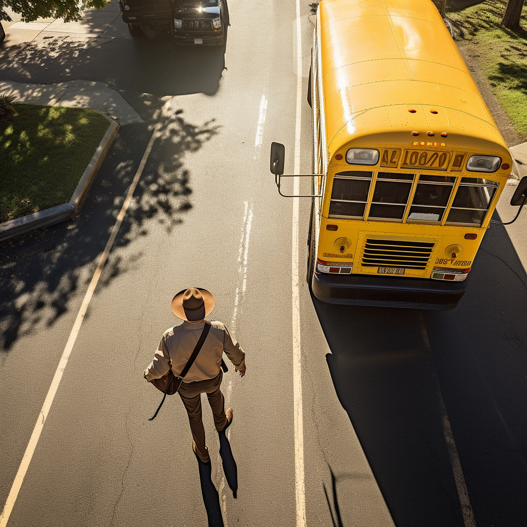 Cowboy stepping off yellow school bus