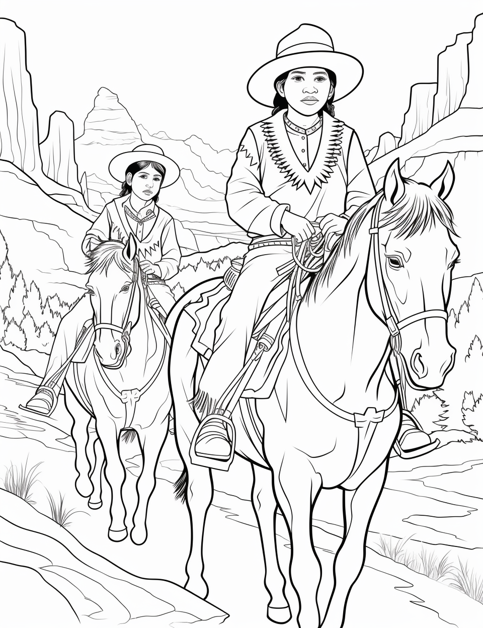 Cowboys and Indians Riding in Black and White