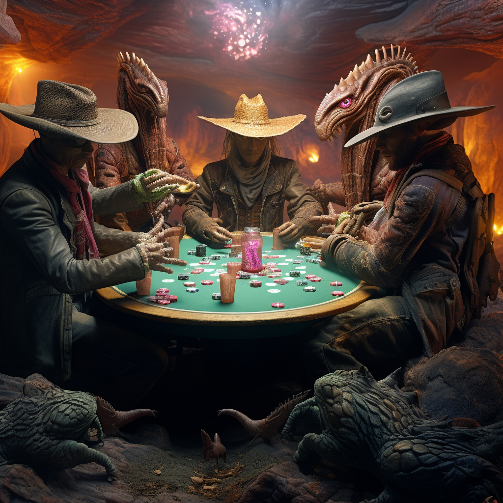 Cowboys playing poker on alien planet