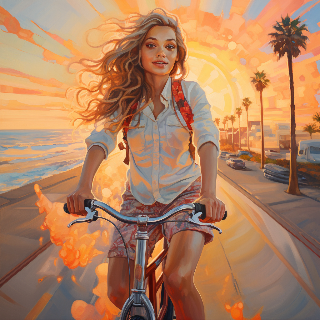 Teenage cowgirl riding bike at sunset