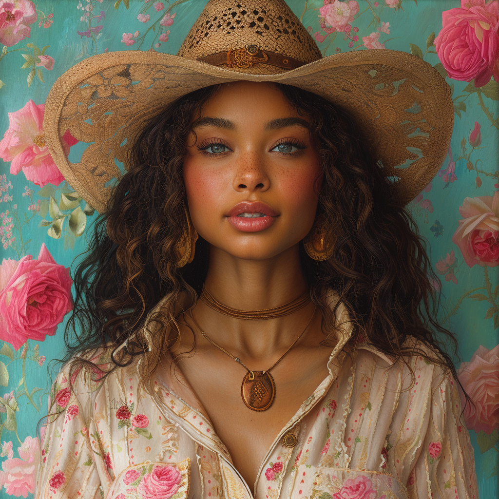 Cowgirl Thomas Blackshear Style Oil Painting Pink Roses Teal Background