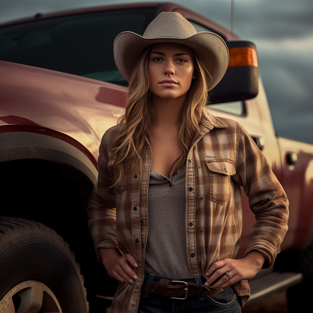 Cowgirl posing with truck