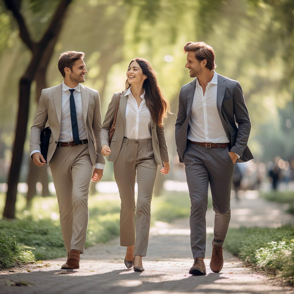 Co-workers walking in park