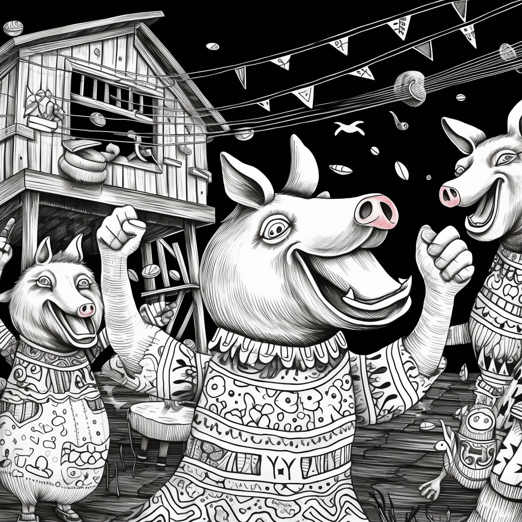 Hand-drawn illustration of dancing farm animals