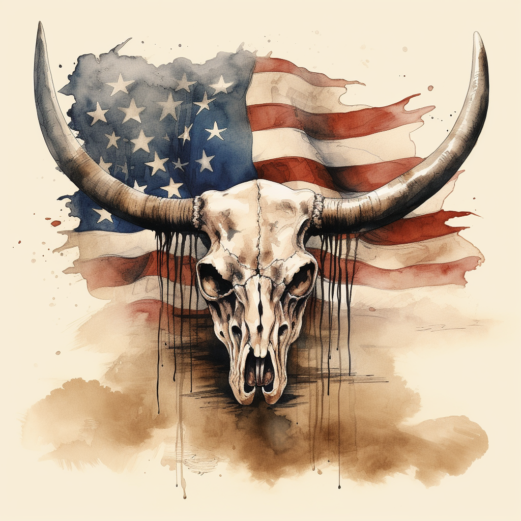 Cowskull with American Flag Background in Aggressive Digital Style