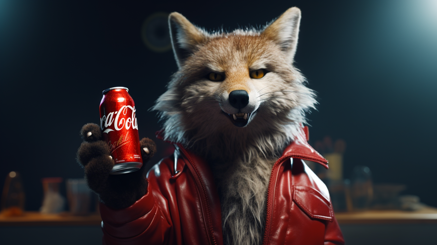 Coyote holding Coca Cola, showing middle finger