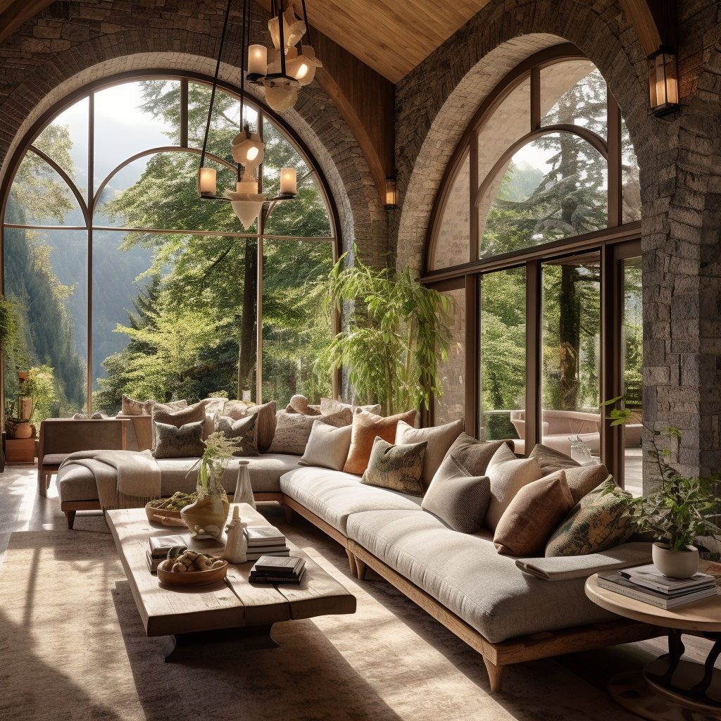 Cozy living room with arched garden view