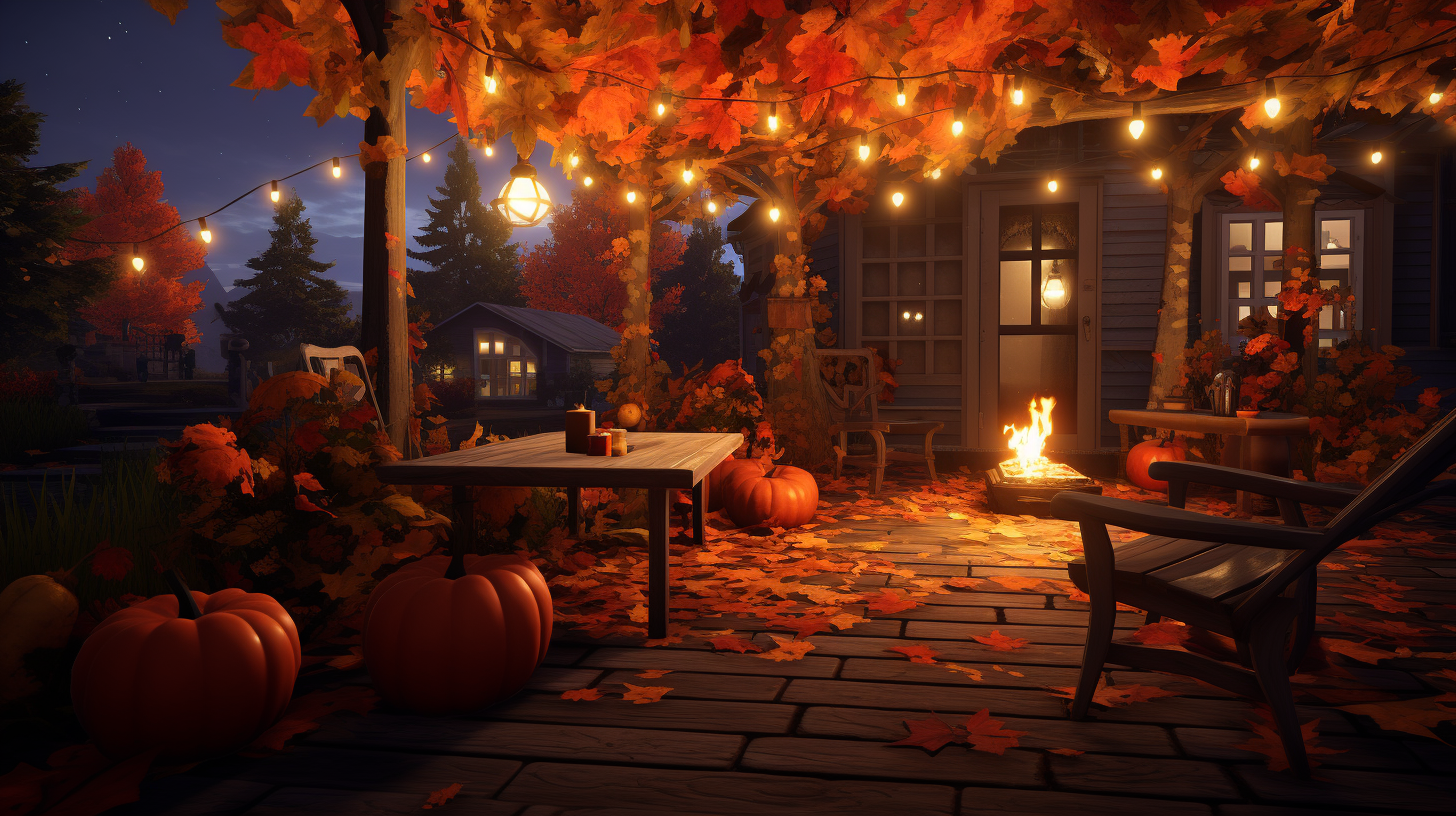 Autumn evening porch with campfire and pumpkins