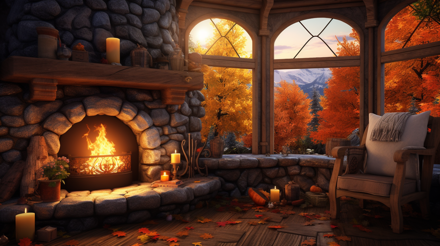 Warm and inviting autumn fireplace inside a treehouse