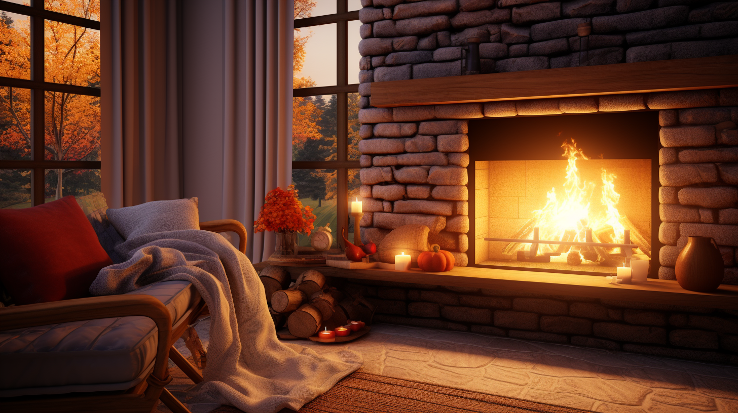 Warm and cozy autumn fireplace reading nook