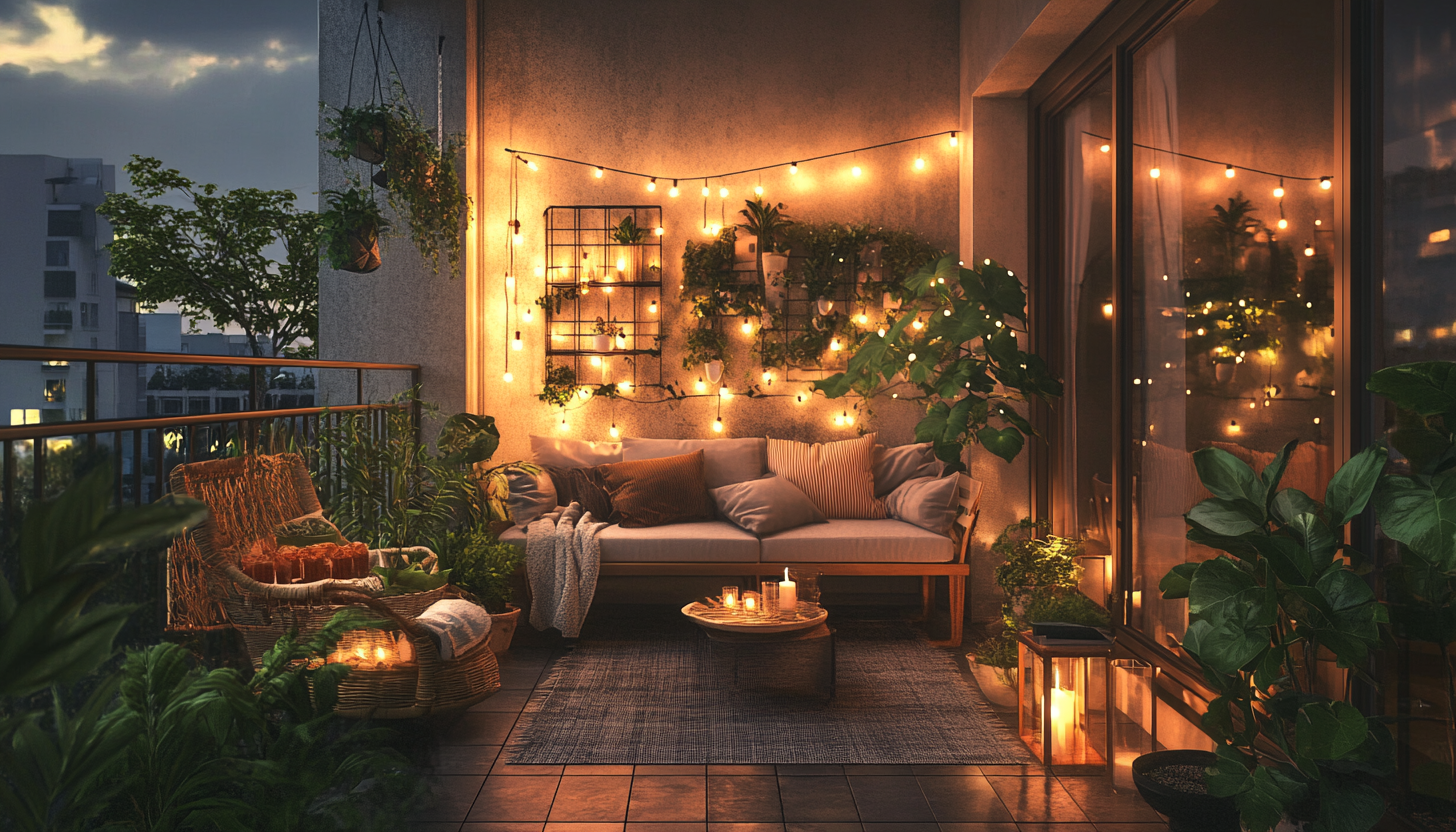 Relaxing Balcony with Plants and String Lights