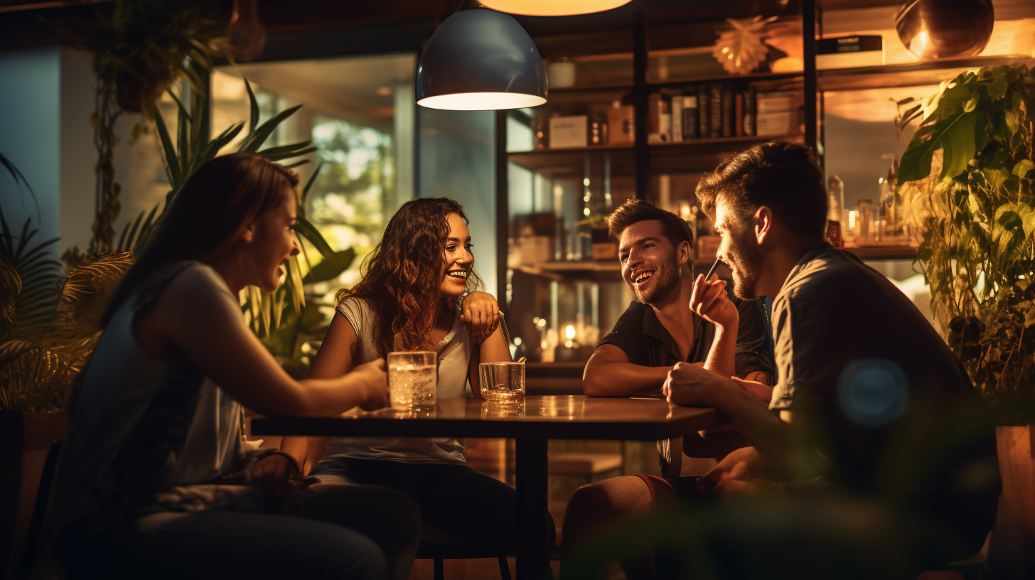 Young people sitting in a cozy bar, chatting and enjoying drinks.