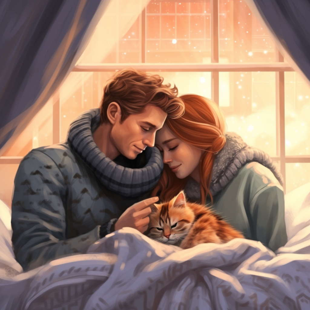 Blonde man, brunette girl, and cat in cozy winter bed