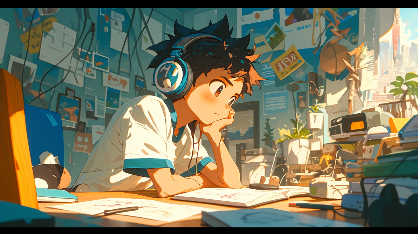 Anime character in cozy bedroom surrounded by homework