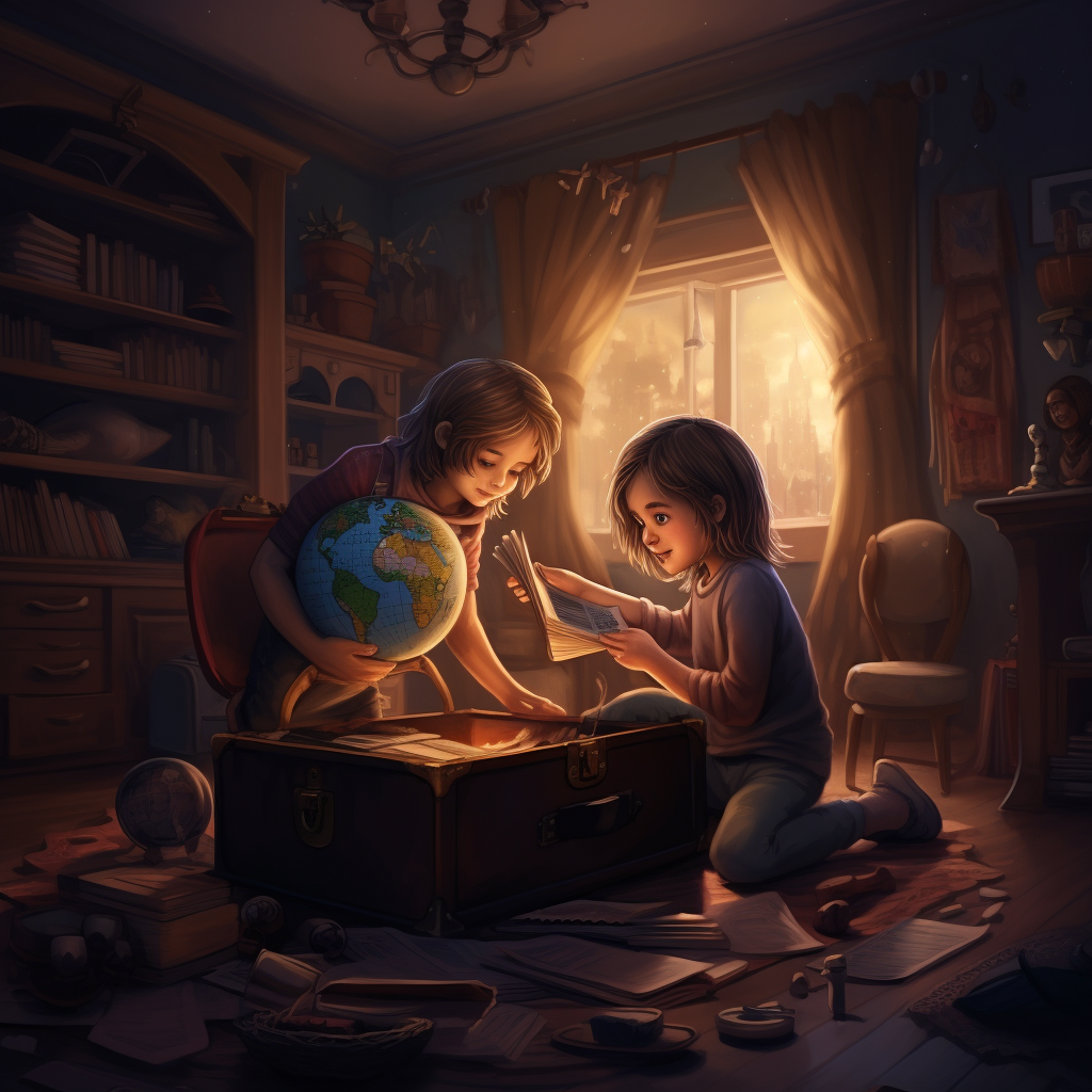 Brother and sister playing with mysterious map