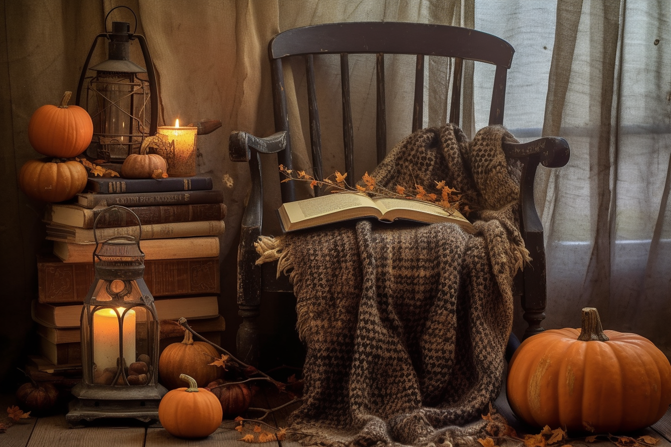 Cozy blanket, book, pen, pumpkins, and lantern