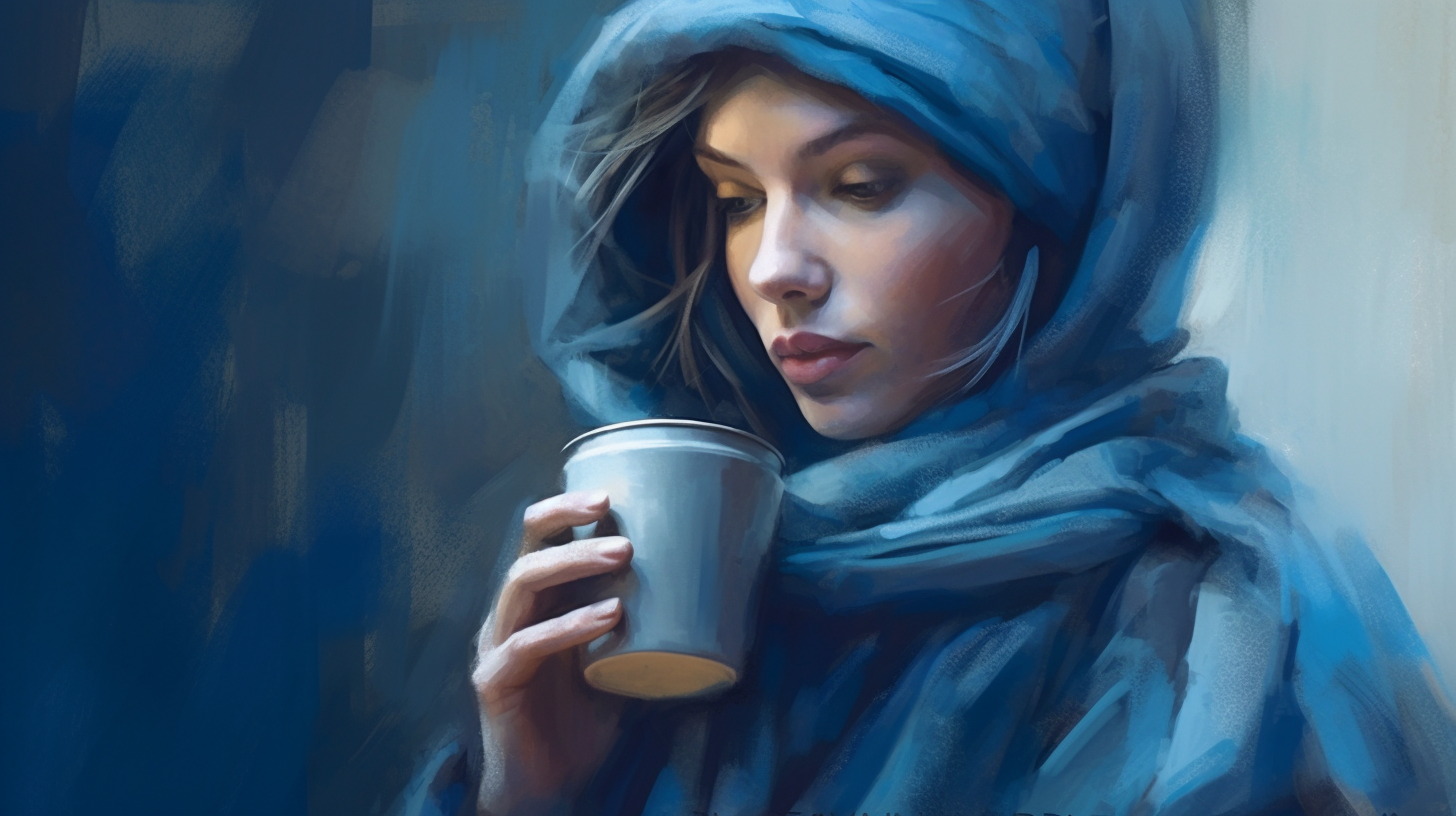 person wrapped in cozy blue scarf sipping warm drink