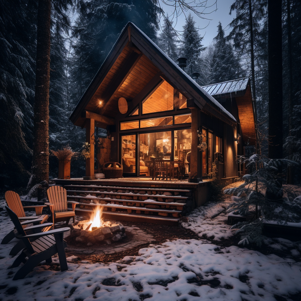 Snowy cabin with fireplace