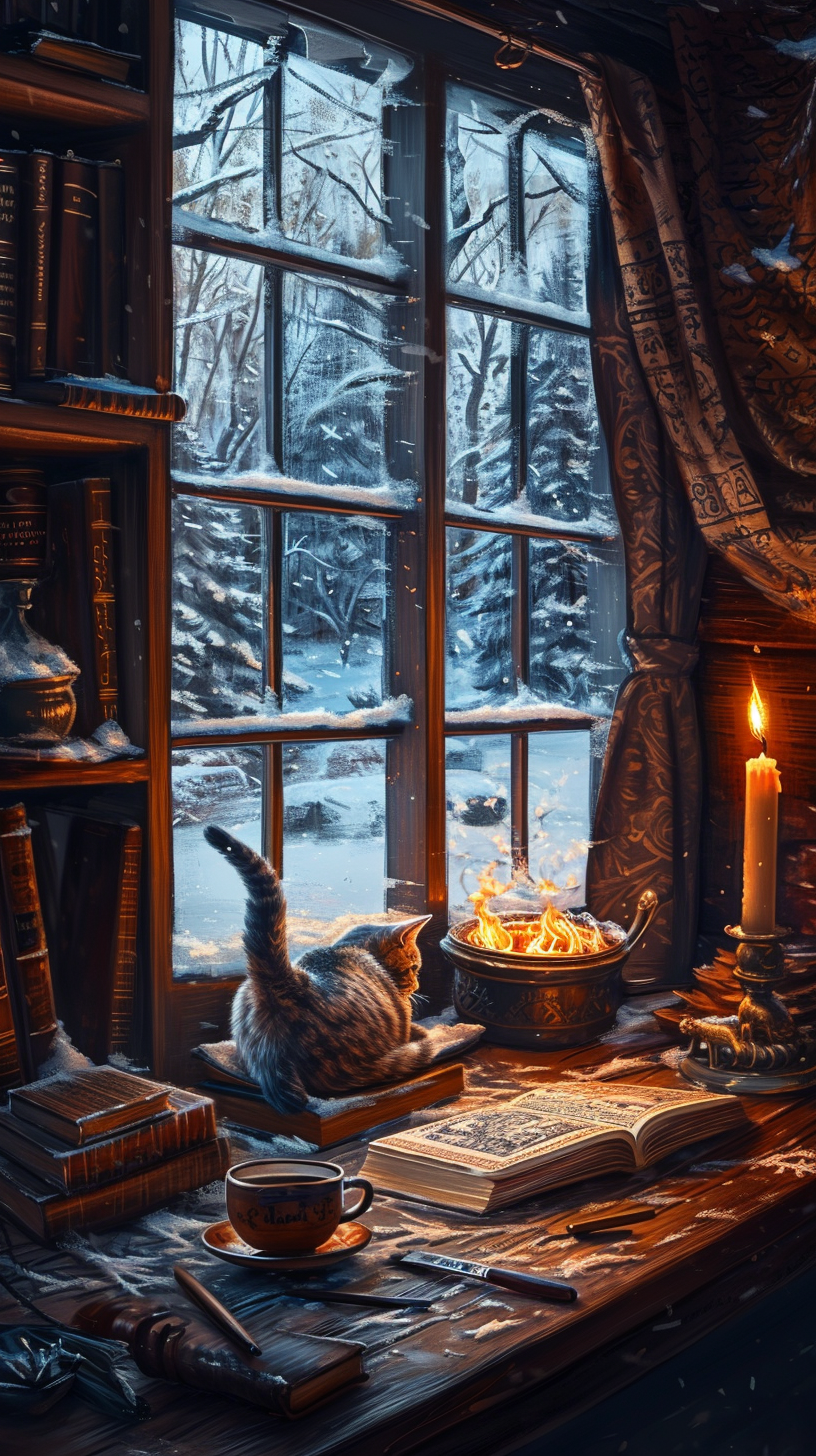 Cozy cafe fireplace winter scenery cat window artwork