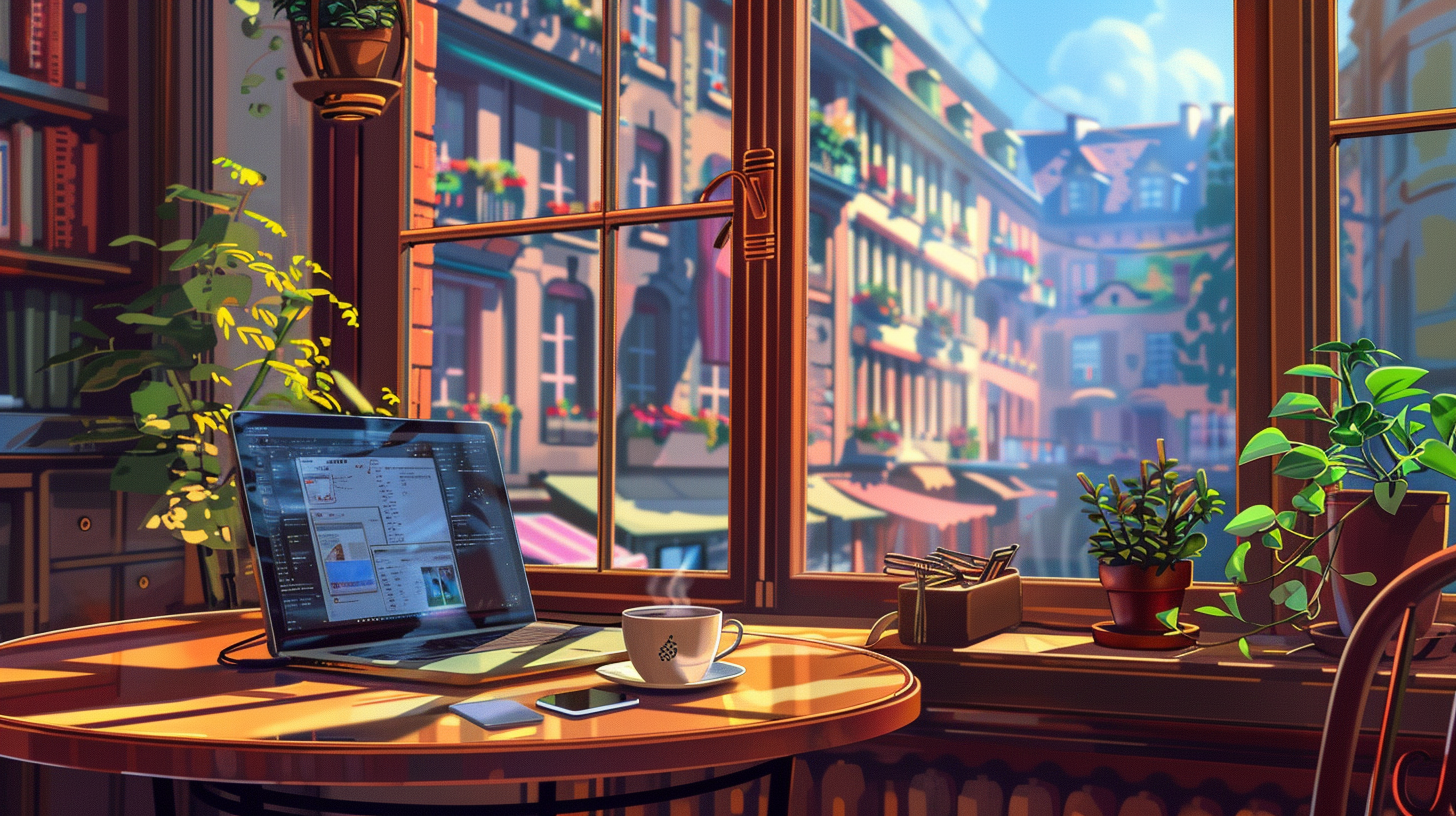 Laptop and coffee in cozy cafe