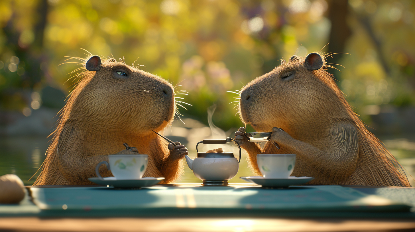 Cute capybaras enjoying tea together