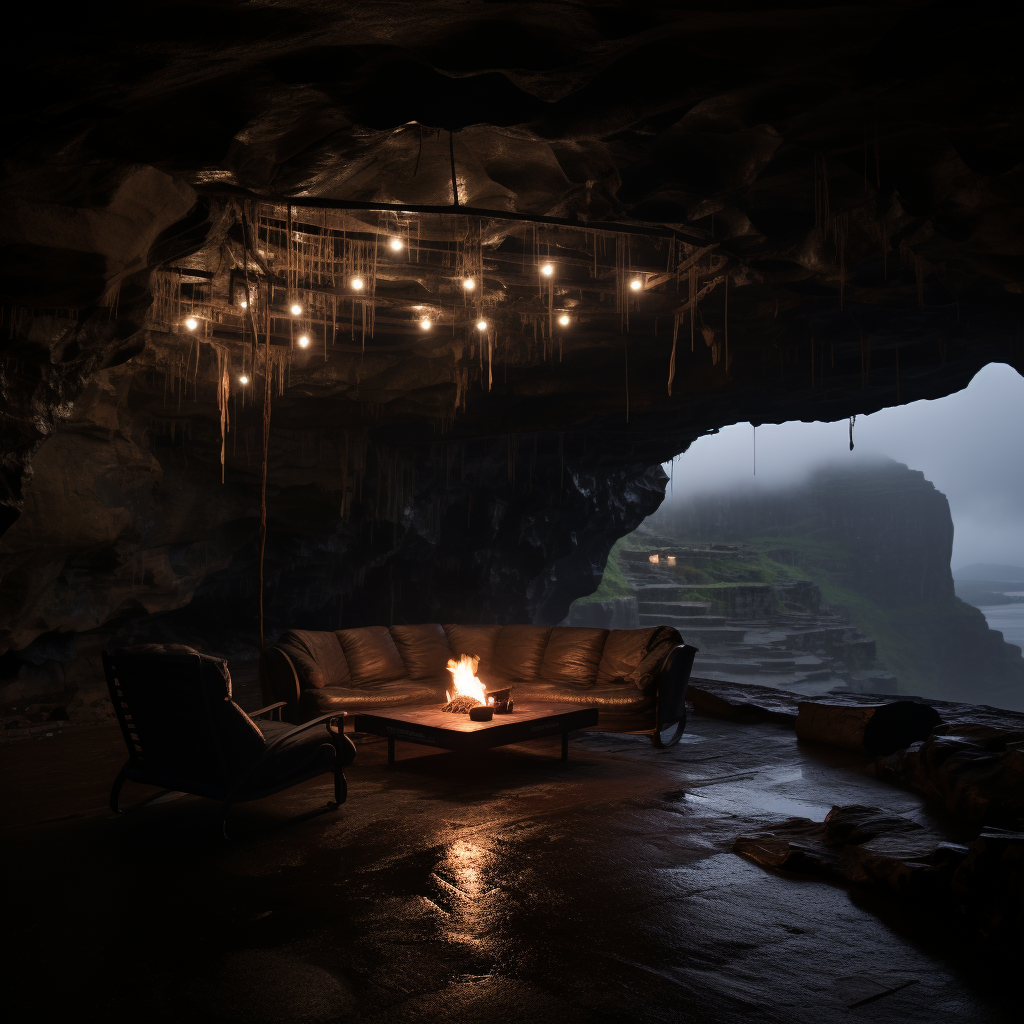 Cozy cave with lit firepit