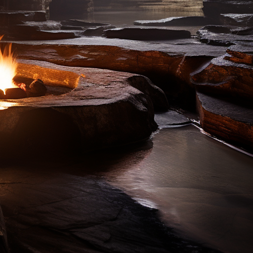 Serene cave with rain and fire