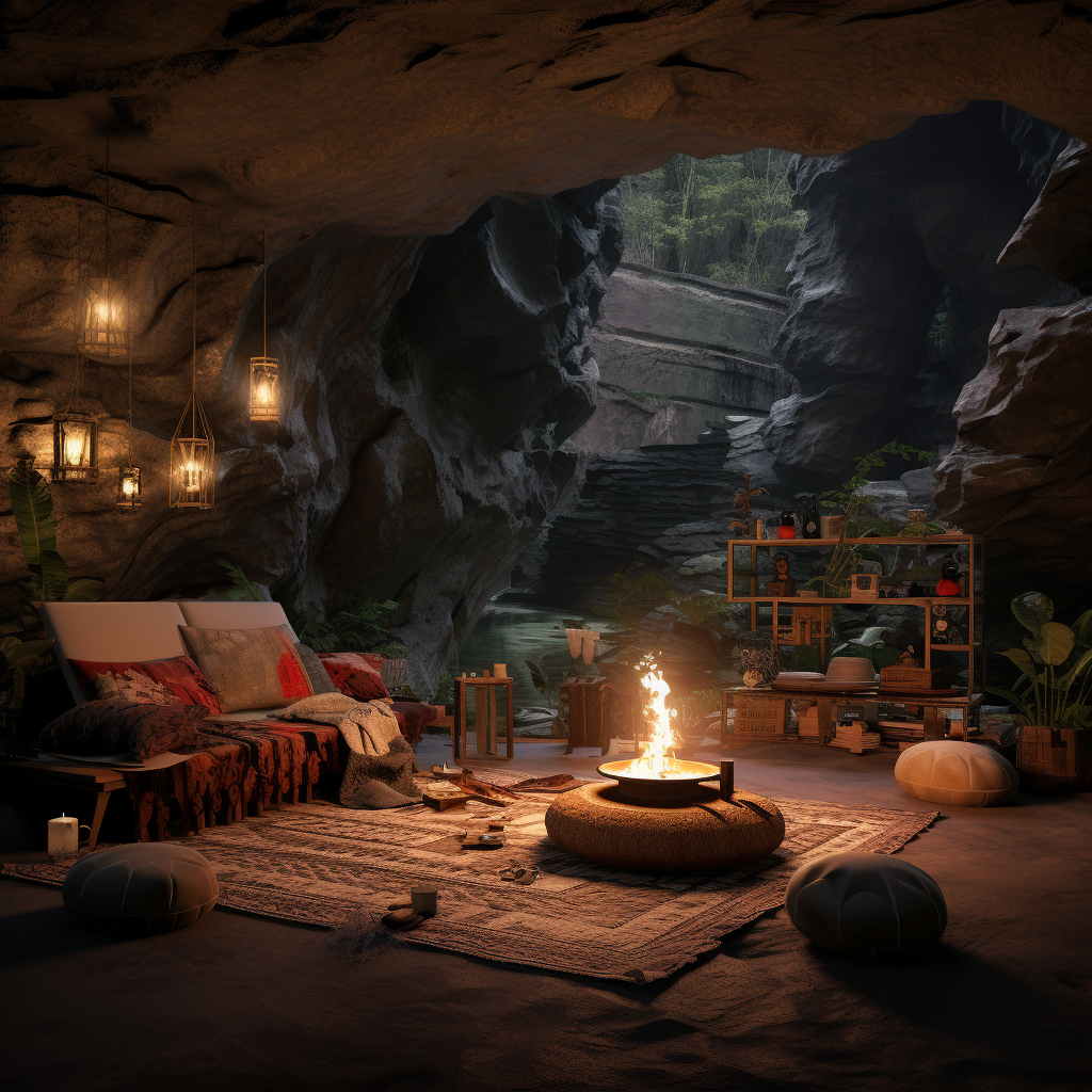 Cozy cave during rainstorm refuge