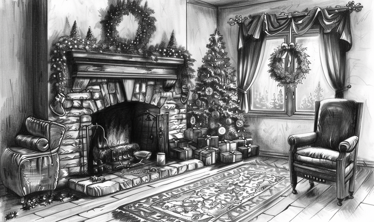 Christmas fireplace sketch in black and white