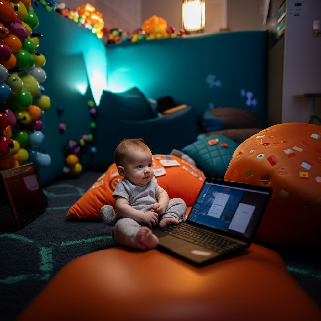 Adorable baby in onesie solving programming puzzles