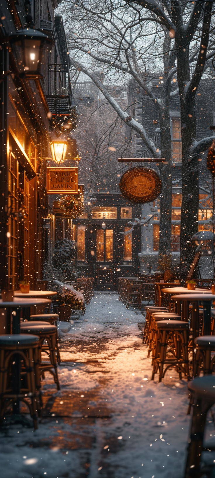 Cozy Empty Cafe on Snowy Day