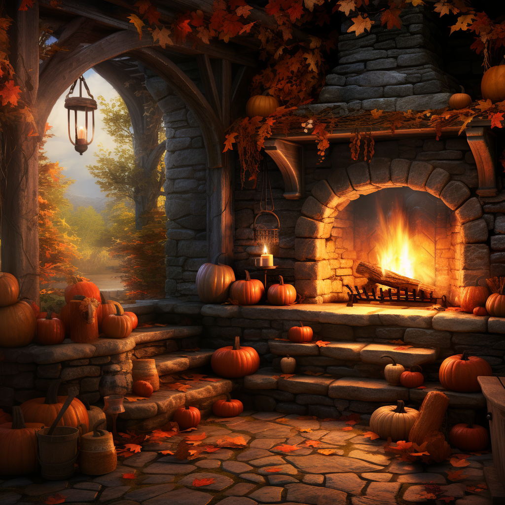 Cozy fall fireplace with pumpkins and leaves