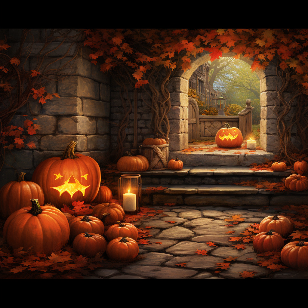 Cozy fall fireplace with pumpkins, leaves, and candles