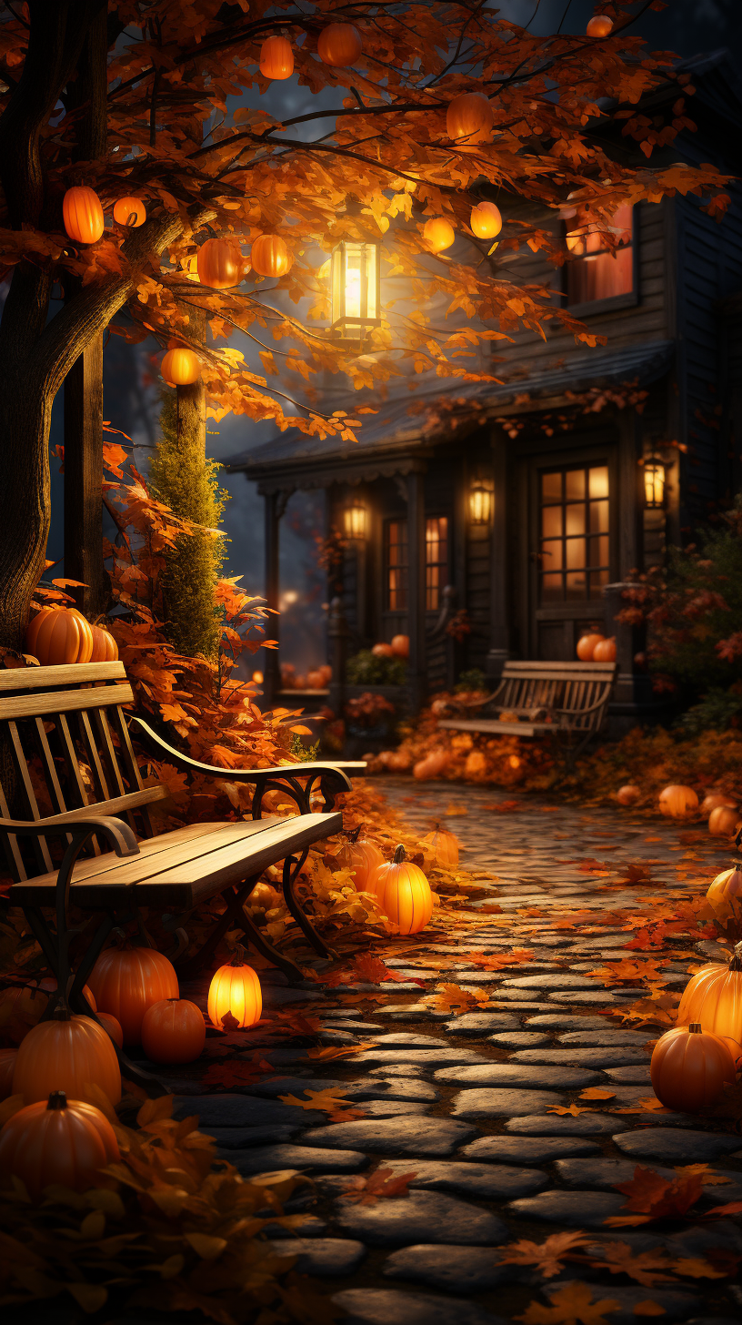 Vibrant Cozy Fall Scene with Volumetric Lighting