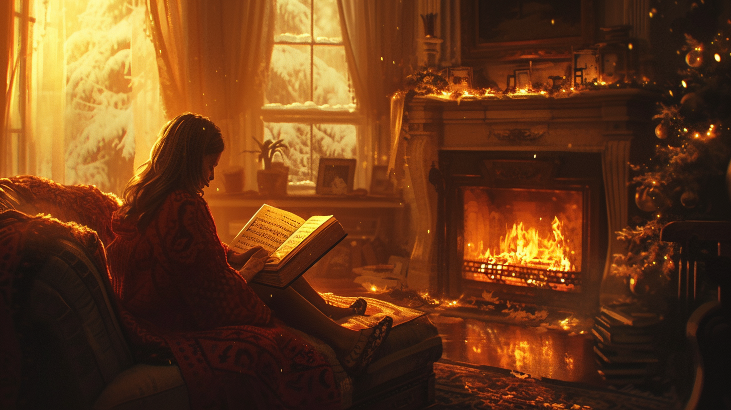 girl reading book by fireplace