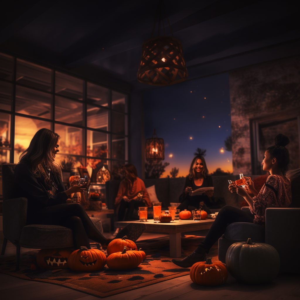 Friends Enjoying Cozy Halloween Fireplace Night