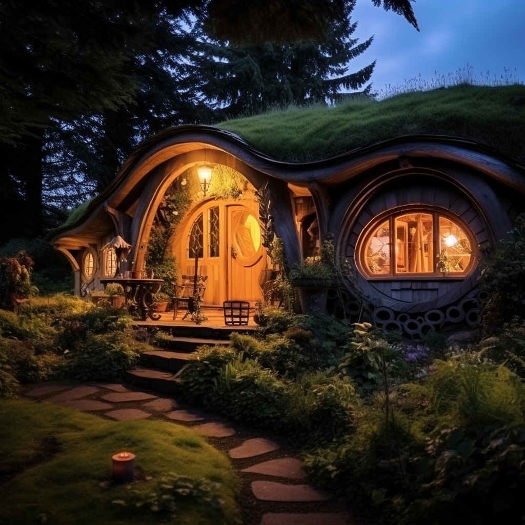 Cozy Hobbit home at night