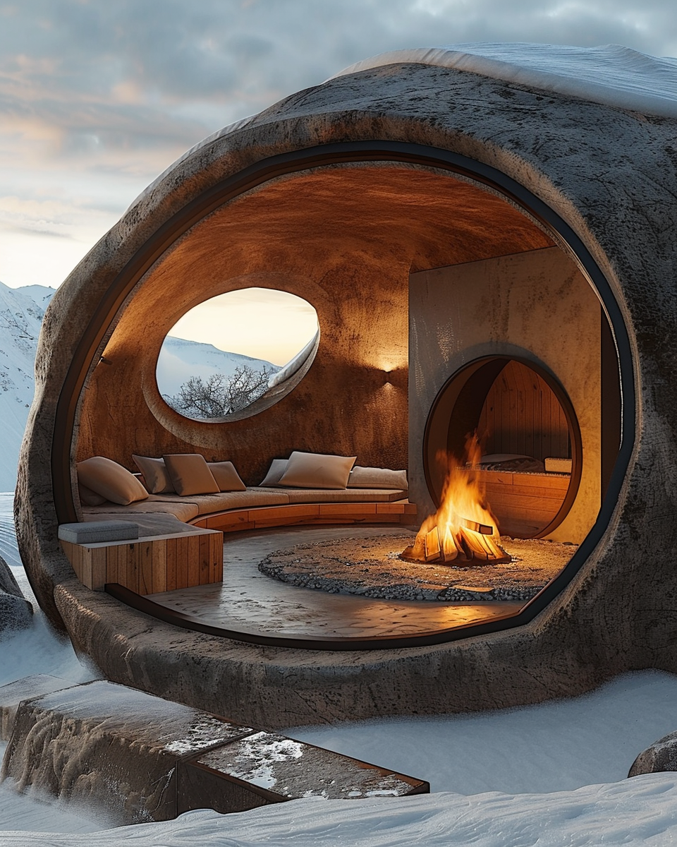 small iglu cabin with fire