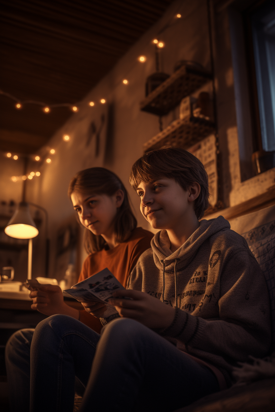 Smiling family playing video game on cozy couch