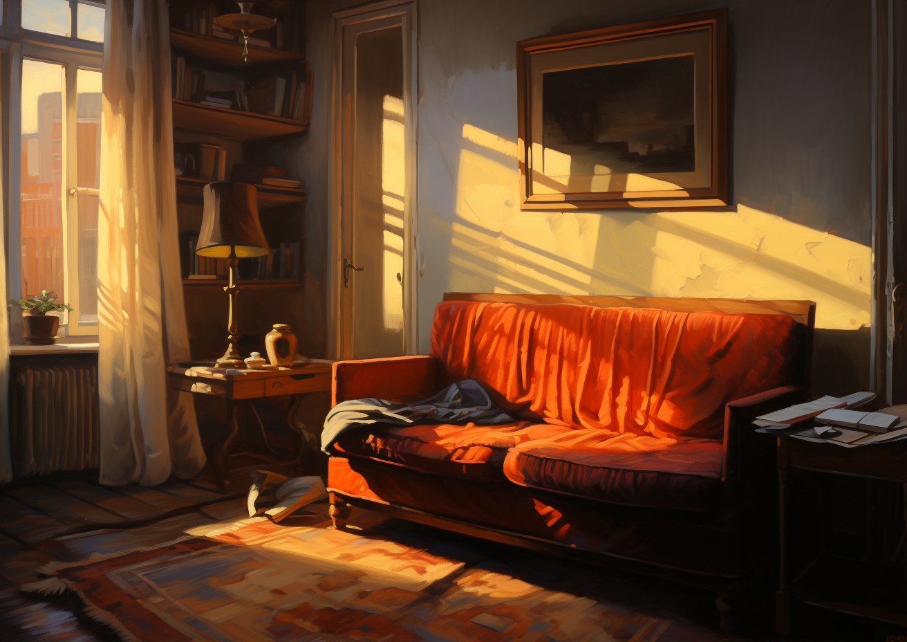 Cozy interior painting with dramatic lighting and shadowplay