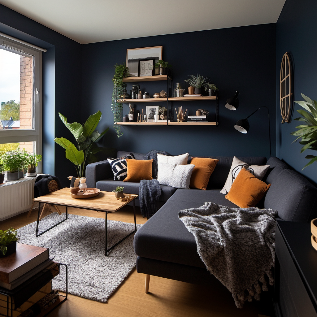 Cozy living room with dark blue walls